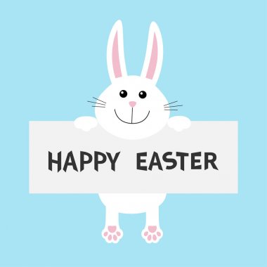Mutlu paskalyalar. Beyaz bir tavşan kağıt Pano şablonunda asılı. Vektör çizim