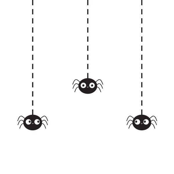 Hanging Black Spiders Silhouette Dash Line Web Vector Illustration — Stock Vector