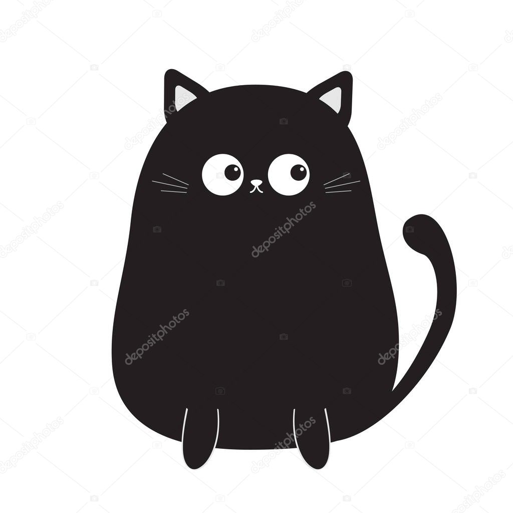 Black cute sitting cat kitten looking on tail, vector illustration