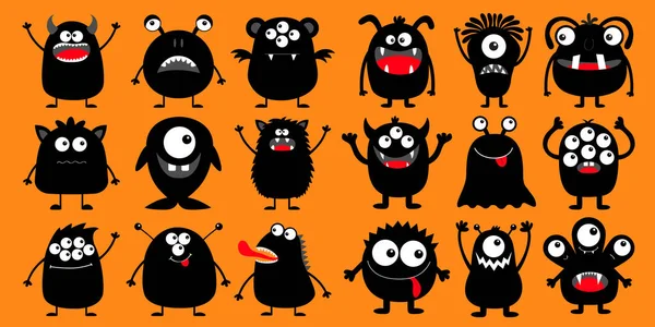 Feliz Halloween. Monstruo negro silueta super gran icono conjunto. Ojos, lengua, colmillos, manos arriba. Lindo personaje de dibujos animados kawaii asustadizo divertido bebé. Fondo naranja. Diseño plano . — Vector de stock