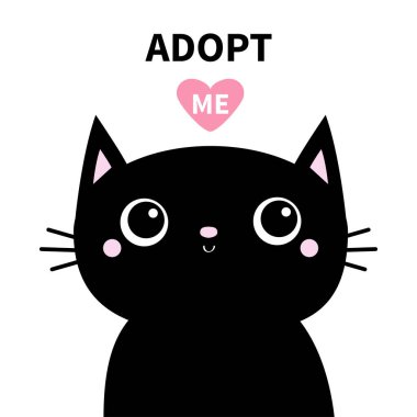 Beni evlat edinin. Büyük gözlü, kara kedi suratlı. Tatlı çizgi film kawaii komik karakter. Evcil bebek baskısı koleksiyonu. Düz dizayn. Beyaz arka plan. İzole edilmiş.