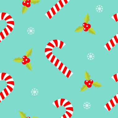 Mutlu Noeller Kusursuz Desen. Şeker Çubuğu kırmızı beyaz çubuk. Holly Berry ikonu. Şirin ökseotu. Yeşil yaprak. Üç kırmızı dut. Kar tanesi. Düz dizayn. Mavi arkaplan