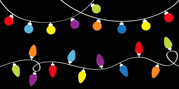 Conjunto de luz de fada corda colorida. Férias decoração festiva xmas. Luzes de Natal. Lâmpada brilhante guirlanda. Cor do arco-íris. Design plano. Fundo preto. Isolados . — Vetor de Stock