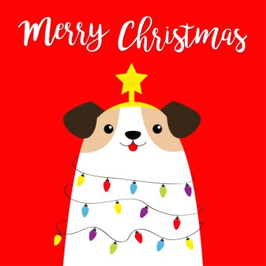 Mutlu Noeller köknar ağacı şekilli. Çelenk ışıkları ampul teli yıldız üst kısmı. Yavru köpek. Komik Kawaii hayvan çocuk baskısı. Sevimli çizgi film bebek karakteri. Hayvan koleksiyonu. Düz dizayn. Kırmızı arkaplan