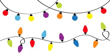 Noel ışıkları. Bayram şenlik Noel süslemesi. Renkli ip perisi ışık seti. Parlayan bir çelenk. Gökkuşağı rengi. Düz dizayn. Beyaz arka plan. İzole edilmiş.