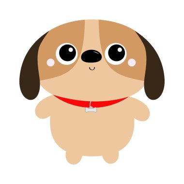 Köpek oyuncağı ikonu. Büyük gözler. Yavru köpek ayakta duruyor. Komik Kawaii hayvanı. Çocuklar basar. Sevimli çizgi film bebek karakteri. Hayvan koleksiyonu. Düz tasarım Beyaz arkaplan