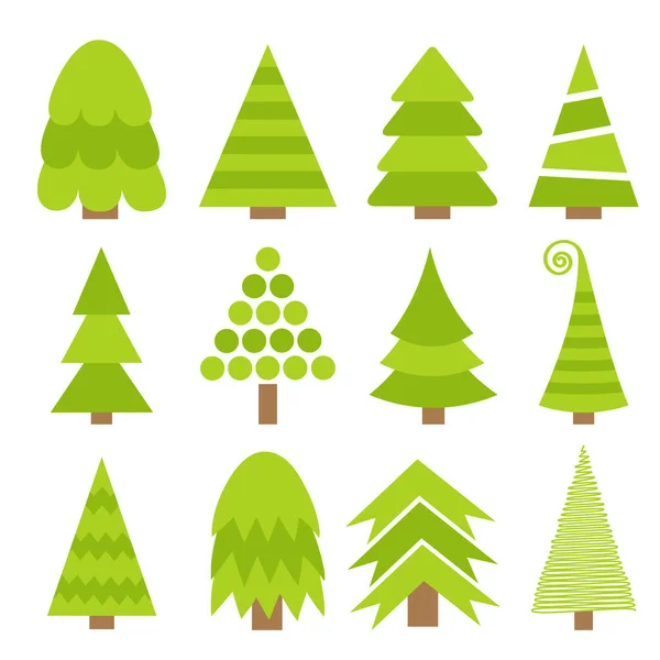 Feliz Natal conjunto de ícones de árvore de abeto. Desenhos animados bonito verde forma forma diferente triângulo simples. Fundo branco. Isolado. Projeto plano . — Vetor de Stock