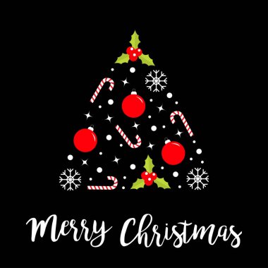 Mutlu Noeller kar tanesi, kutsal çilek, top, şeker kamışı, yıldız pırıltısı, kar seti. Tatlı çizgi film üçgeni şekli. - Mutlu yıllar. Siyah arka plan. İzole edilmiş. Düz tasarım.