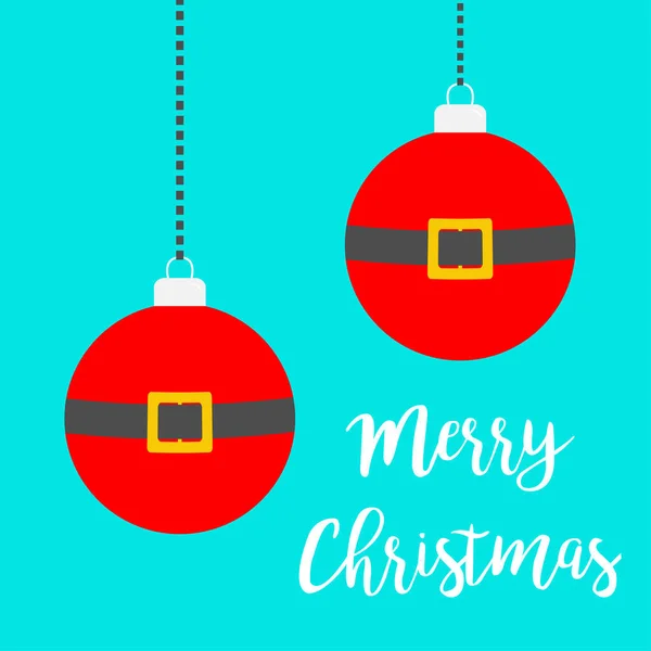 Dvě veselé vánoční sady hraček visí. Přímá čára. Červený kostým Santa Clause se žlutou zlatou přezkou na opasku. Dekorace stromů. Roztomilá kreslená postava. Modré pozadí. Plochý design — Stockový vektor