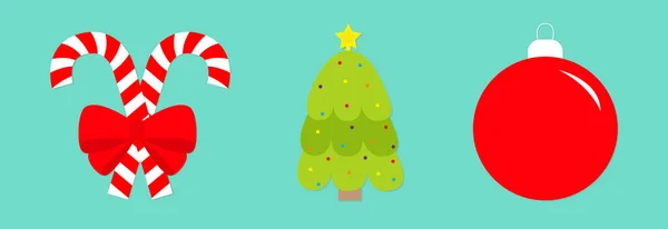 Веселого Різдва. Candy Cane Fir tree Ball Дві милі палички для м'яти. Великий червоний лук. Вітальня. Плоский дизайн. Блакитний фон. Відокремлені. — стоковий вектор