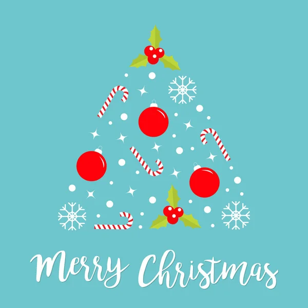 Merry Christmas Fir tree made from holly berry, snowflake, candy cane, ball, star sparkle, snow set. Cute cartoon triangle shape form. Happy New Year. Blue background. Isolated. Flat design. — Stock Vector