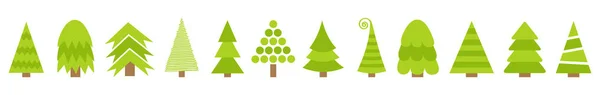 Feliz Navidad abeto conjunto de iconos de la línea de árboles. Linda caricatura verde triángulo diferente forma simple. Fondo blanco. Aislado. Diseño plano . — Archivo Imágenes Vectoriales