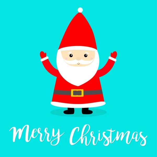 Veselé Vánoce. Kostým Santa Clause, červený klobouk, vousy. Roztomilý karikatura kawaii legrační postava drží ruce nahoru. Nový rok. Kolekce dětí. Izolovaný. Pozdrav. Modré pozadí. — Stockový vektor