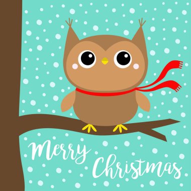 Mutlu noeller. Kırmızı eşarp takan baykuş. Şirin çizgi film kawaii komik bebek karakteri ağaç dalında oturuyor. Kar tanecikleri mavi arka plan. Tebrik kartı. Düz tasarım.