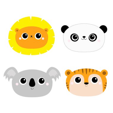 Aslan Koala Panda Kaplan yuvarlak yüzlü ikon seti. Kawaii vahşi hayvan. Sevimli çizgi film karakteri. Komik bebek baskısı. Tebrik kartı. Düz dizayn. Beyaz arka plan. İzole edilmiş.