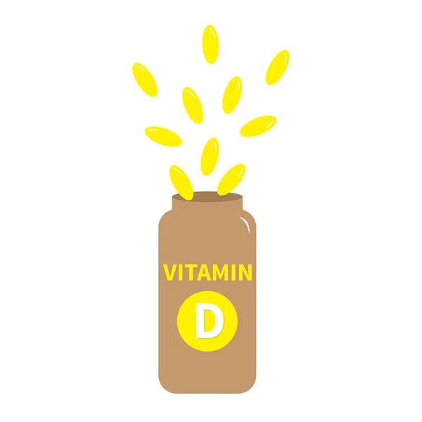 Vitamin D pill capsule in plastic bottle. Yellow color. Healthy lifestyle diet concept. Fish oil supplements icon. Flat design. White background. Isolated. — Stock Vector