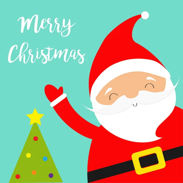 Santa Claus mává rukou. Veselý vánoční stromek. Kostým, červený klobouk, zlatý opasek, vousy. Roztomilý karikatura kawaii legrační dětská postava usmívající se tvář. Nový rok. Pozdrav. Modré pozadí. — Stockový vektor
