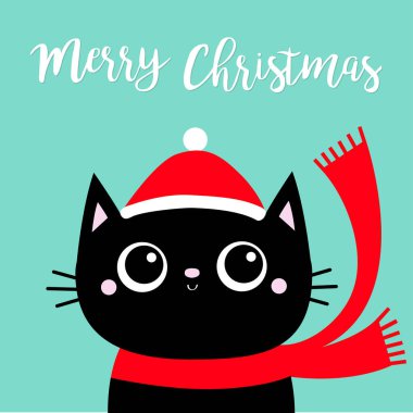 Mutlu noeller. Kara Kedi kedi suratlı kedi. Kırmızı şapka, eşarp. Şirin komik çizgi film kawaii bebek karakteri. Düz dizayn. Mavi kış arka planı.