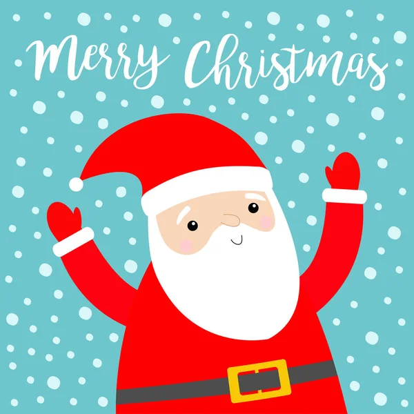 Santa Claus se drží za ruce. Veselé Vánoce. Kostým, červený klobouk, vousy, opasek. Roztomilý karikatura kawaii legrační postava. Nový rok. Kolekce dětí. Izolovaný. Pozdrav. Modré sněhové vločky pozadí. — Stockový vektor