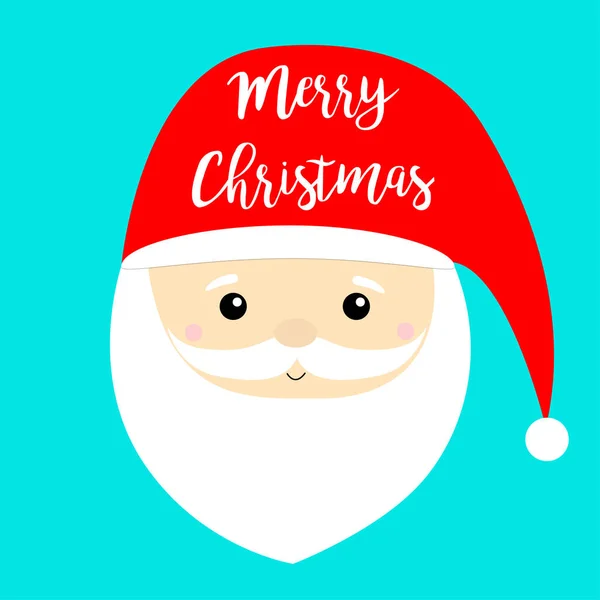 Babbo Natale faccia icona della testa. Grande cappello rosso. Buon Natale. Ciao. Capodanno. Baffi, barba. Carino cartone animato divertente personaggio del bambino kawaii. Design piatto. Fondo blu . — Vettoriale Stock