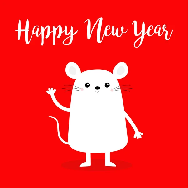 Happy New Year 2020 sign symbol. White mouse waving hand. Merry Christmas. Cute cartoon funny kawaii baby character. Flat design. Red background. — ストックベクタ