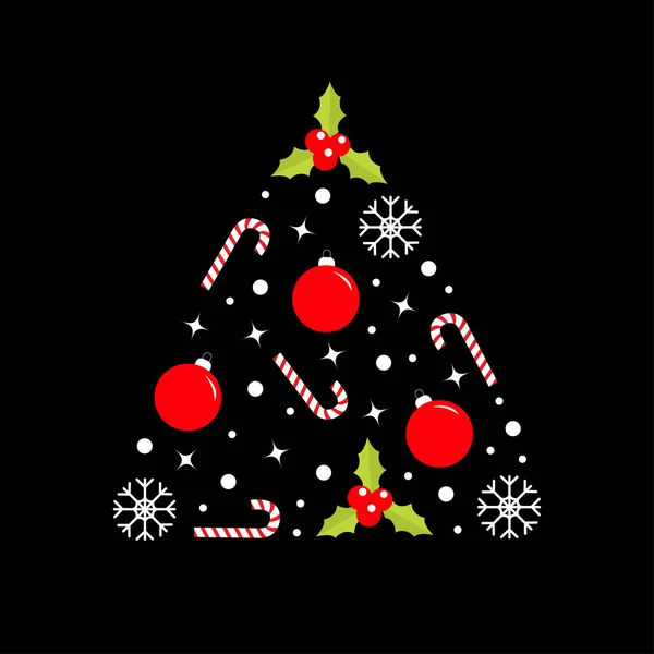 Fir tree made from candy cane, snowflake, holly berry, ball, star sparkle, snow set. Merry Christmas. Cute cartoon triangle shape form. Happy New Year. Black background. Isolated. Flat design. — Stock Vector