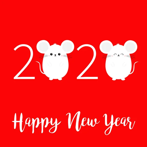 Dois ratos brancos. Feliz Ano Novo 2020 símbolo de sinal. Feliz Natal. Bonito desenho animado engraçado personagem bebê kawaii. Design plano. Fundo de inverno vermelho . — Vetor de Stock