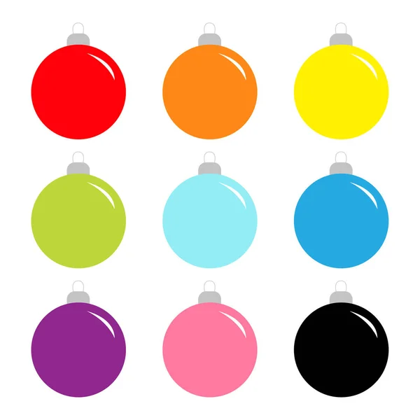 Christmas ball set. Cute colorful rainbow round bauble toy set. Happy New Year sign symbol. Flat design style. White background. Isolated. — Stock Vector