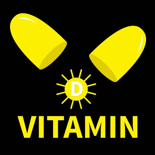 비타민 D 는 캡슐 약 아이콘 세트. 태양의 모양. 노랑 색. 생선 기름 보충제. 건강 한 라이프 스타일의 식습관. 평면 디자인. 검은 배경. 고립됨. — 스톡 벡터