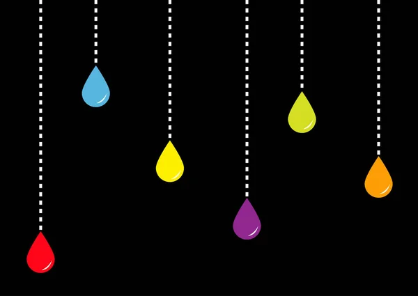 Hanging colorful rainbow shining rain drops. Template. Dash line water shape. Black background. Isolated. Flat design. — Stock Vector