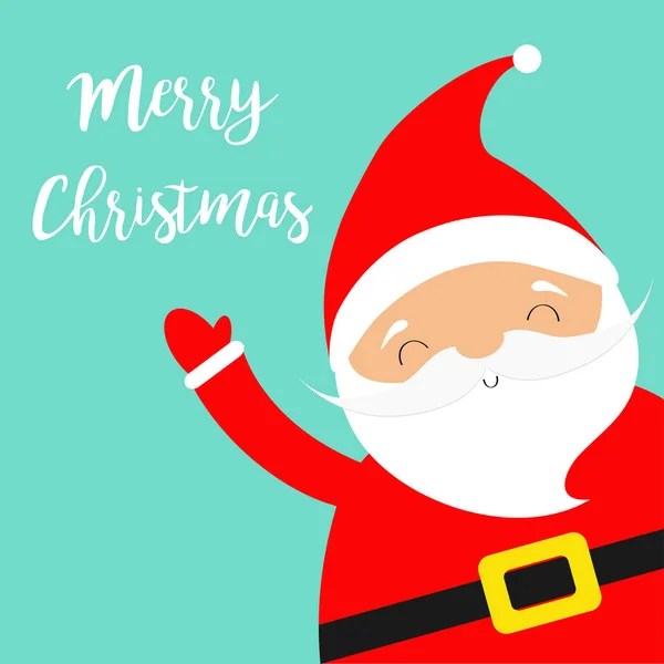 Veselé Vánoce. Santa Claus v rohu mává rukou. Kostým, červený klobouk, zlatý opasek, vousy. Roztomilý karikatura kawaii legrační dětská postava usmívající se tvář. Nový rok. Pozdrav. Modré pozadí. — Stockový vektor