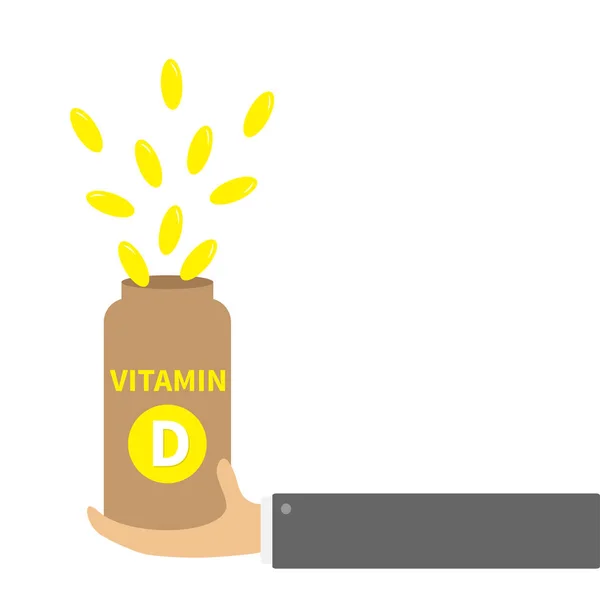 비타민 D 알약 캡슐이 들어 있는 플라스틱 병을 손에 쥐고 있습니다. 노랑 색. 건강 한 라이프 스타일의 식습관. 생선 기름 보충제 입니다. 평면 디자인. 흰색 배경. 고립됨. — 스톡 벡터
