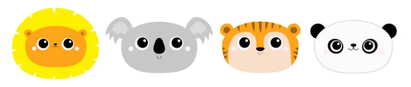 Panda niedźwiedź Lew Koala Tygrys okrągła głowa zestaw ikon. Dzikie zwierzę z Kawajów. Ładna postać z kreskówki. Śmieszne dzieci drukują. Uwielbiam kartki z życzeniami. Płaska konstrukcja. Białe tło. Izolacja. — Wektor stockowy