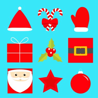 Mutlu Noeller yeni yıl ikonu seti. Yıldız, Noel Baba, kutsal çilek, balo oyuncağı, hediye kutusu, yaylı baston şeker, altın kemer, kırmızı şapka, eldiven. Tatlı çizgi film kawaii bebek karakteri. Düz Mavi arkaplan.