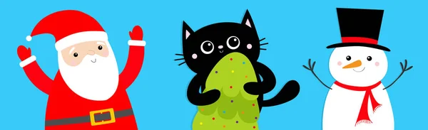 Καλά Χριστούγεννα. Μαύρη γάτα που κρατάει έλατο. Άγιε Βασίλη. Χιονάνθρωπος. Αστείο ζώο Kawaii. Τα παιδιά τυπώνουν. Χαριτωμένος χαρακτήρας. Συλλογή κατοικίδιων. Επίπεδη σχεδίαση Μπλε πράσινο φόντο — Διανυσματικό Αρχείο