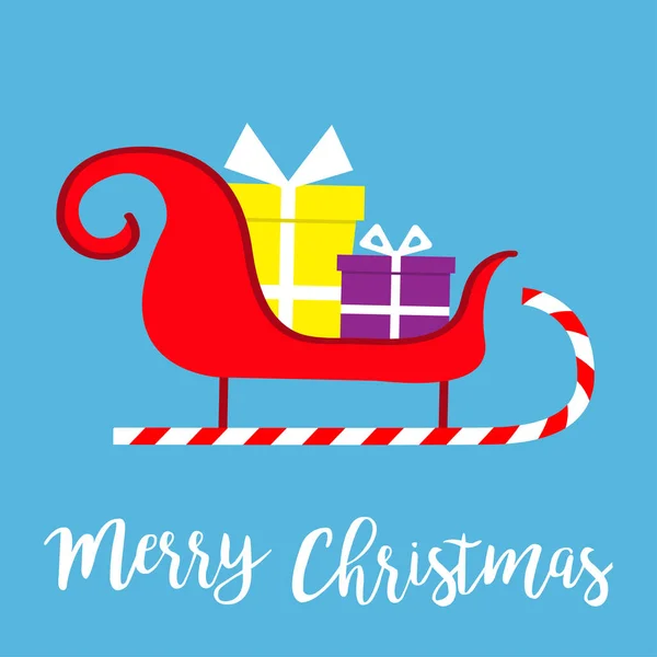 圣诞快乐。 圣诞老人雪橇雪橇图标。 糖果手杖形状的雪橇. 礼物盒礼品盒。 新年快乐。 问候卡。 蓝色背景。 平面设计. — 图库矢量图片