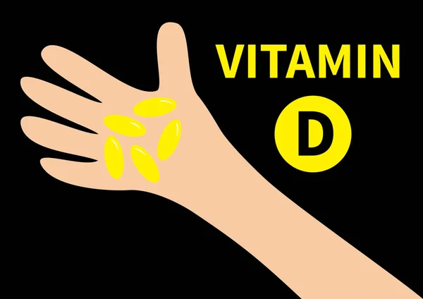 Mão segurando Vitamina D comprimido cápsula ícone. Cor amarela. Conceito de dieta estilo de vida saudável. Suplementos de óleo de peixe. Design plano. Fundo preto. Isolados . —  Vetores de Stock