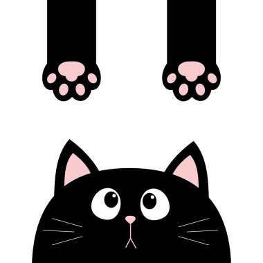 Kara kedi. Komik kafa silueti yukarı bakıyor. Pençe izi, kuyruk. Sevimli çizgi film karakteri. Kawaii hayvanı. Bebek kartı. Hayvan koleksiyonu. Düz tasarım tarzı. Beyaz arka plan. İzole edilmiş.