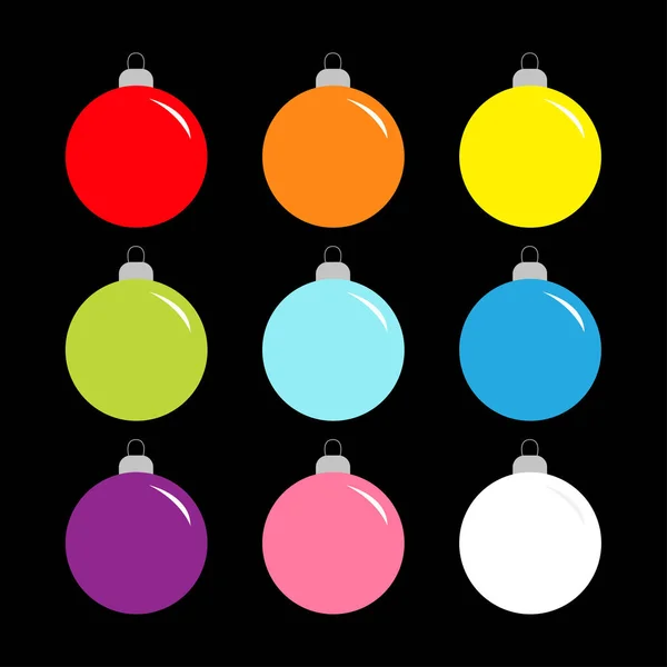 Christmas ball set. Cute colorful rainbow round bauble toy set. Happy New Year sign symbol. Flat design style. Black background. Isolated. — Stock Vector