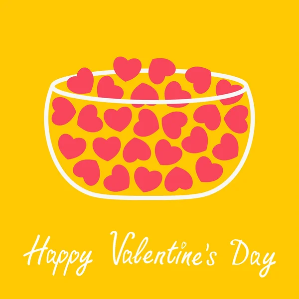 Happy Valentines day card. Love glass bowl line cup icon. Pink heart set inside. Cute decoration element. Flat design. Yellow background. Isolated. — Stock Vector