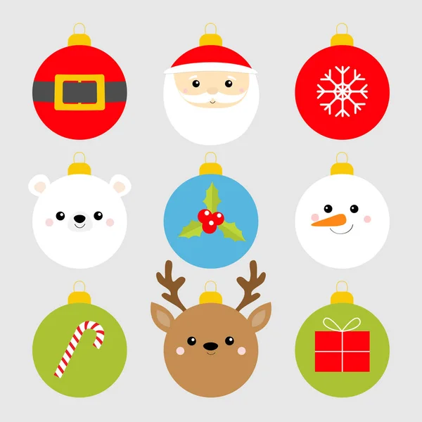 Різдвяний м'яч готовий. Санта Клаус, ведмідь, сніговик, олень обличчя. Пояс, сніжинка, ягоди, цукерки, сувенірна коробка. Гарна іграшка. Картун Каваї - персонаж. З Новим роком. Плоский дизайн. Біле тло. — стоковий вектор