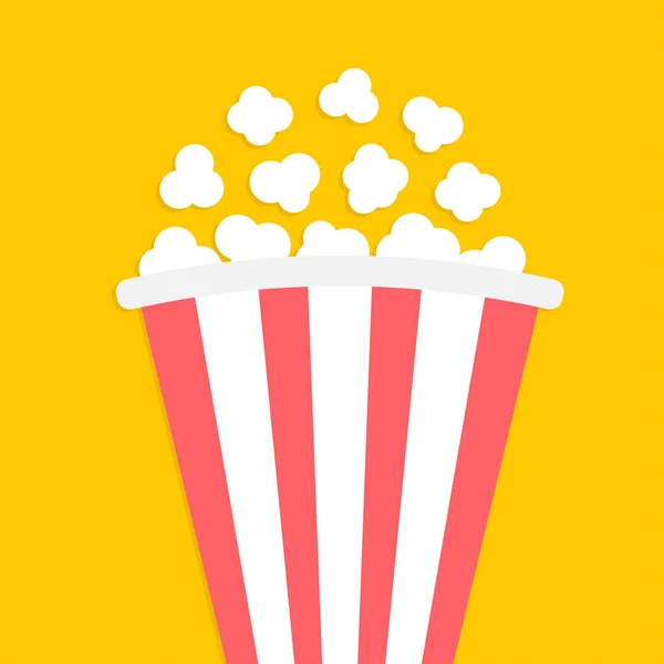 Icône pop-corn. Grande boîte à bande blanche rouge. Soirée cinéma. De la pop corn food. Style design plat. Fond jaune. Isolé . — Image vectorielle