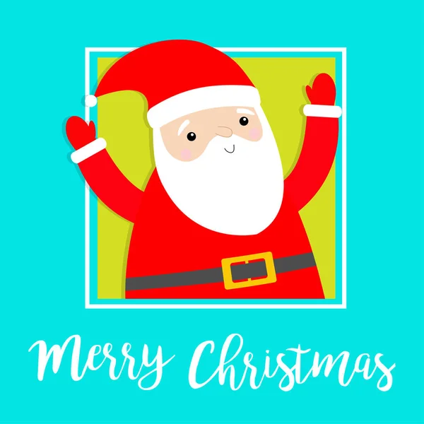 Veselé Vánoce. Santa Claus v rohu ruce nahoru. Kostým, červený klobouk, zlatý opasek, vousy. Roztomilý karikatura kawaii legrační dětská postava. Šťastný Nový rok. Pozdrav. Plochý. Modré pozadí. — Stockový vektor