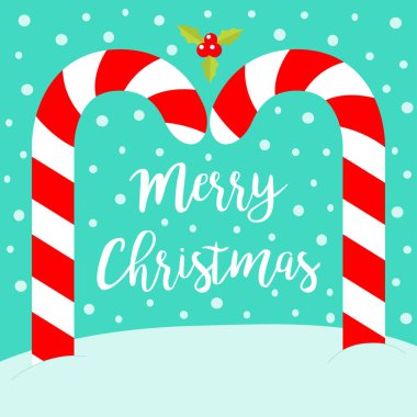 Mutlu noeller. Candy Cane ark, kış karları üzerinde kostüm süslemesi. Kırmızı beyaz nane şekeri. Holly Berry. Düz dizayn. Mavi kar tanesi arkaplanı.
