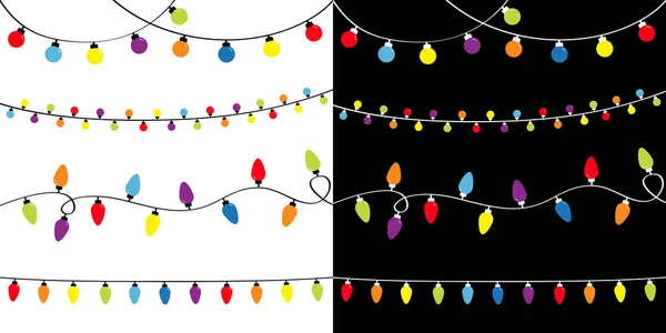 Рождественские огни. Четыре светящиеся гирлянды. Праздничное праздничное украшение на Рождество. Цветные струны фея свет радуга цвета. Плоский дизайн. Черно-белый фон. Isolated . — стоковый вектор