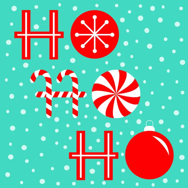 Ho ho ho text lettering banner. Candy Cane Merry Christmas ball bauble xmas decoration. Snowflake. Red white peppermint stick and circle. Flat design. Blue snow background. — Stock Vector