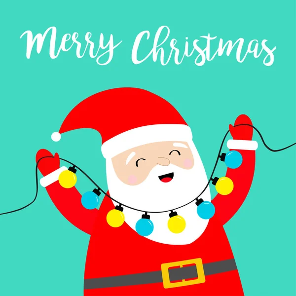 Счастливого Рождества. Санта-Клаус держит светящиеся гирляндские огни. Рождественское украшение. Симпатичный мультик, забавный детский персонаж с улыбающимся лицом. Новый год. Поздравительная открытка. Синий фон . — стоковый вектор