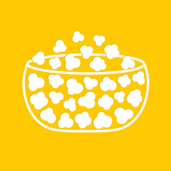 Du pop-corn. Grande boîte en verre blanc. Cinéma film nuit ligne icône. De la pop corn food. Style design plat. Fond jaune. Isolé . — Image vectorielle