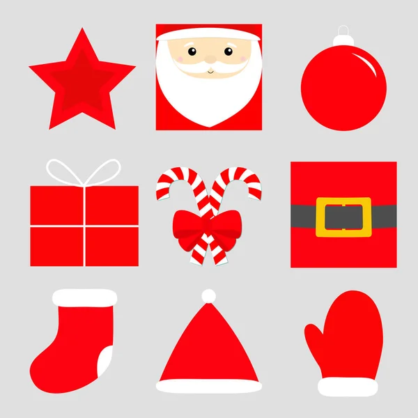 メリークリスマスの新年のアイコンセット。スター、サンタクロース、ボールおもちゃ、ギフトボックス、弓付きのキャンディー杖、黄金のベルト、赤い靴下、帽子、ミトン。かわいいアニメカワイイ赤ちゃんキャラクター。フラットデザイン。白地. — ストックベクタ