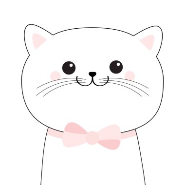 Kara kedi suratlı karalama silueti. Pembe kurdeleli kedi yavrusu. Sevimli çizgi film karakteri. Kawaii hayvan etiketi. Bebek kartı. Mutlu duygular. Hayvan koleksiyonu. Düz tasarım tarzı. Beyaz arka plan. İzole edilmiş.